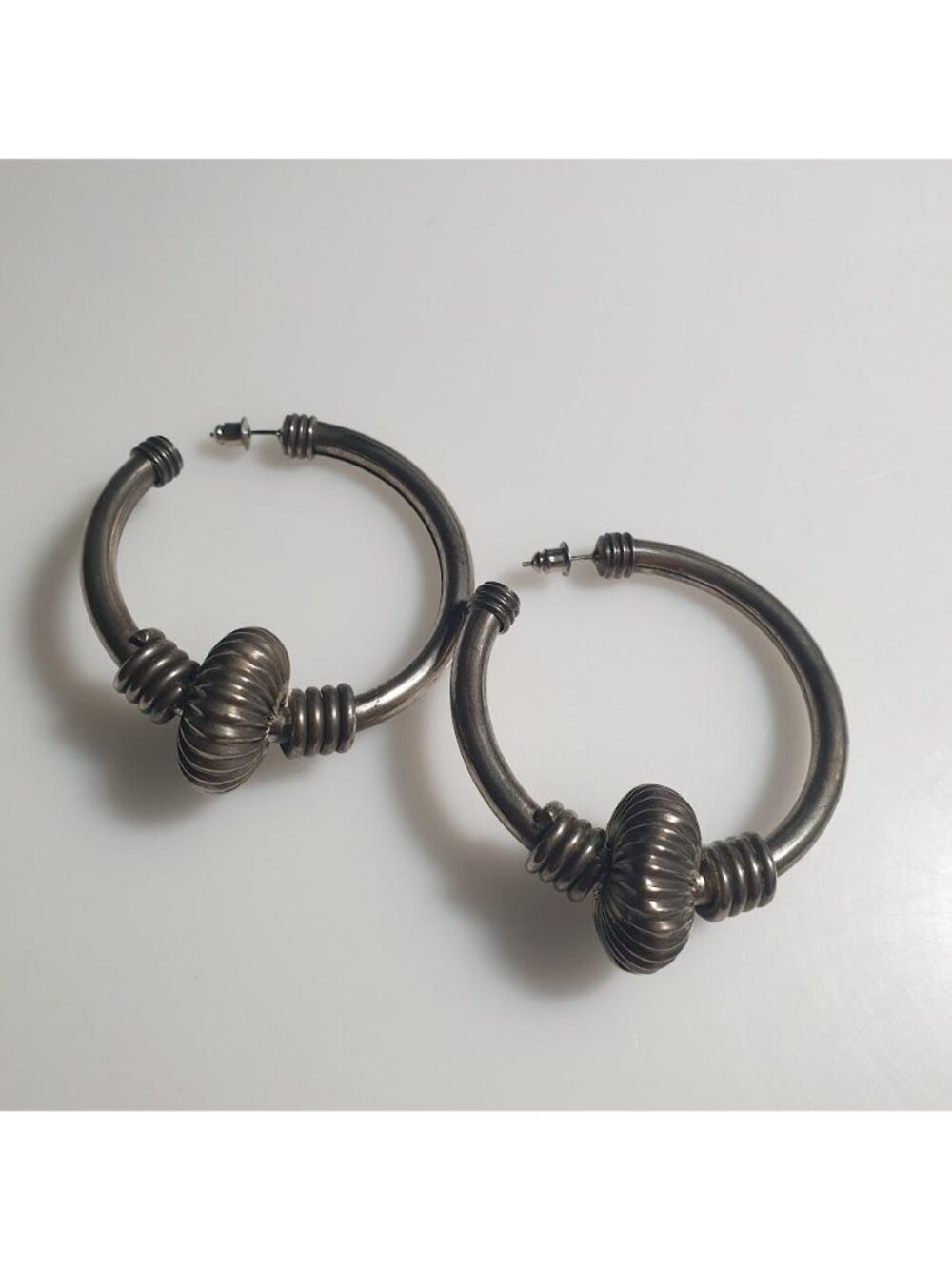 Vintage Silver Tone Hoop Earrings Lightweight Costume Jewelry Goth Industrial